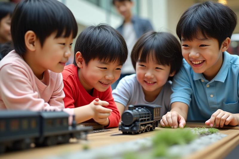子供たちが歴史的な鉄道模型を学ぶ様子