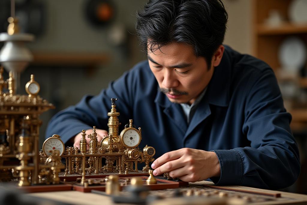 熟練の職人が精密な鉄道部品を手作業で修復している様子